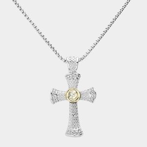 Silver Cross Pendant Necklace Casual Crystal Gold Two Tone Chain